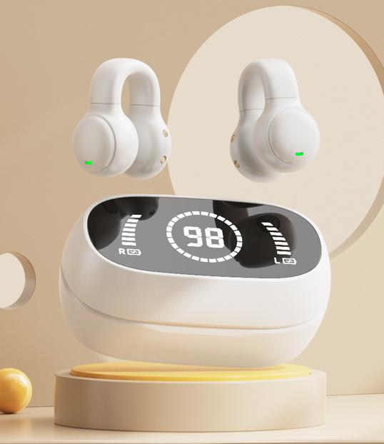Open-Ear Conduction TWS Earbuds - Bluetooth 5.4, 9D Surround Sound, LED Display, Long Battery Life White