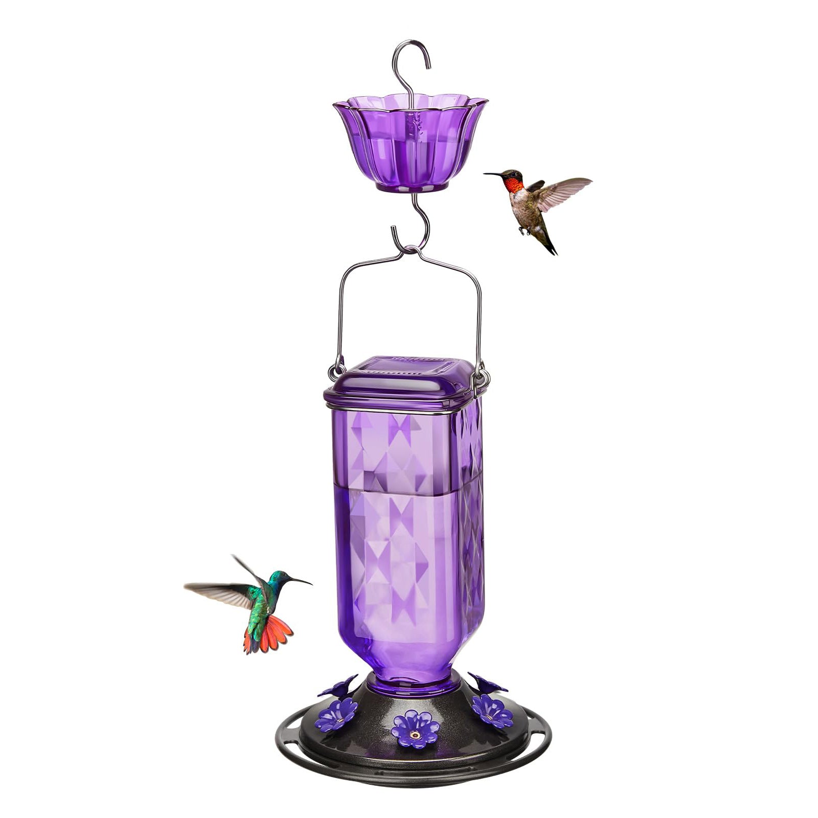 Elegant Hanging Hummingbird Feeder - Decorative Glass Nectar Bottle with Ant Moat, 6 Feeding Ports Purple