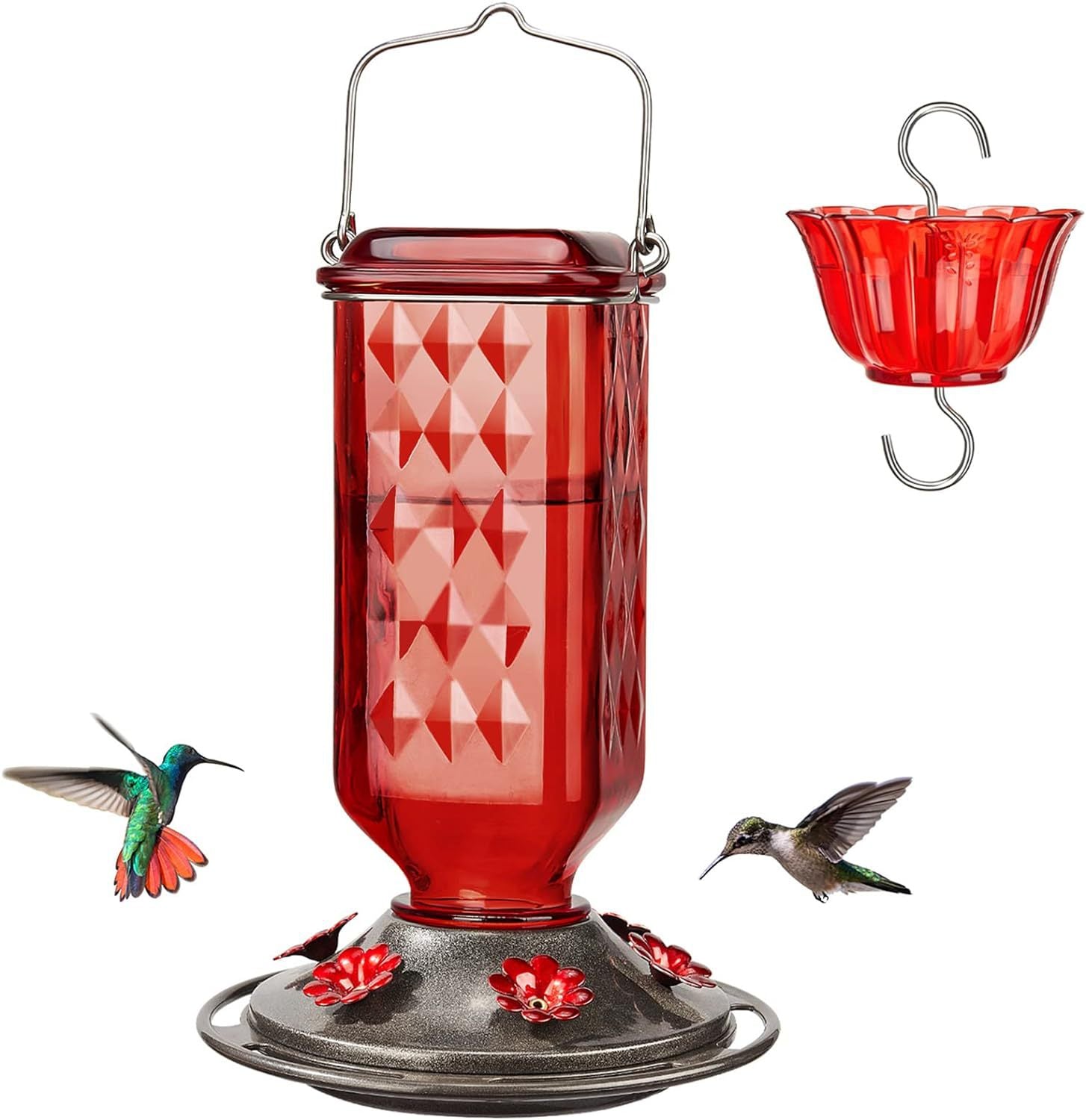Elegant Hanging Hummingbird Feeder - Decorative Glass Nectar Bottle with Ant Moat, 6 Feeding Ports Red