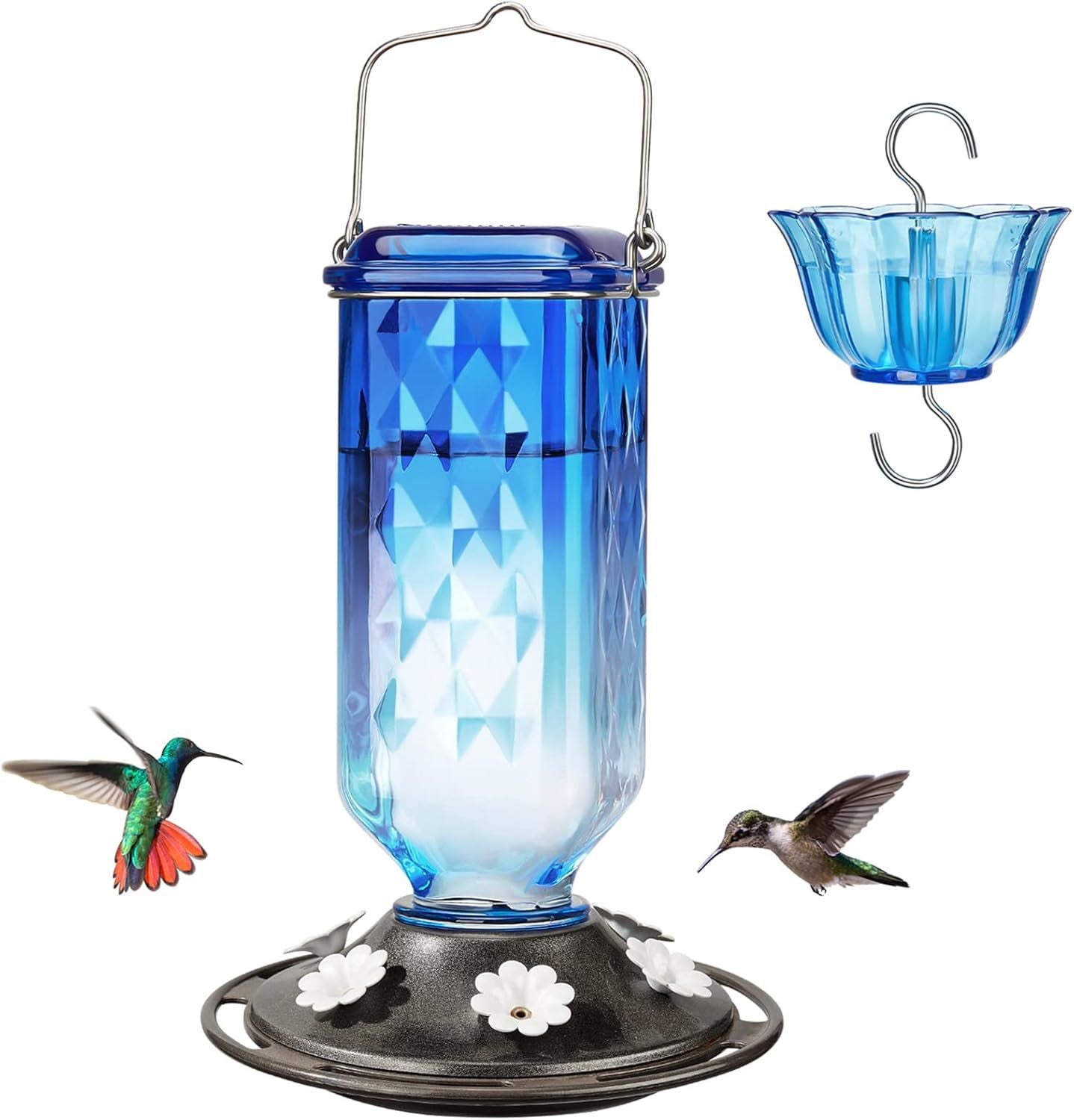 Elegant Hanging Hummingbird Feeder - Decorative Plastic Nectar Bottle with Ant Moat, 6 Feeding Ports Blue