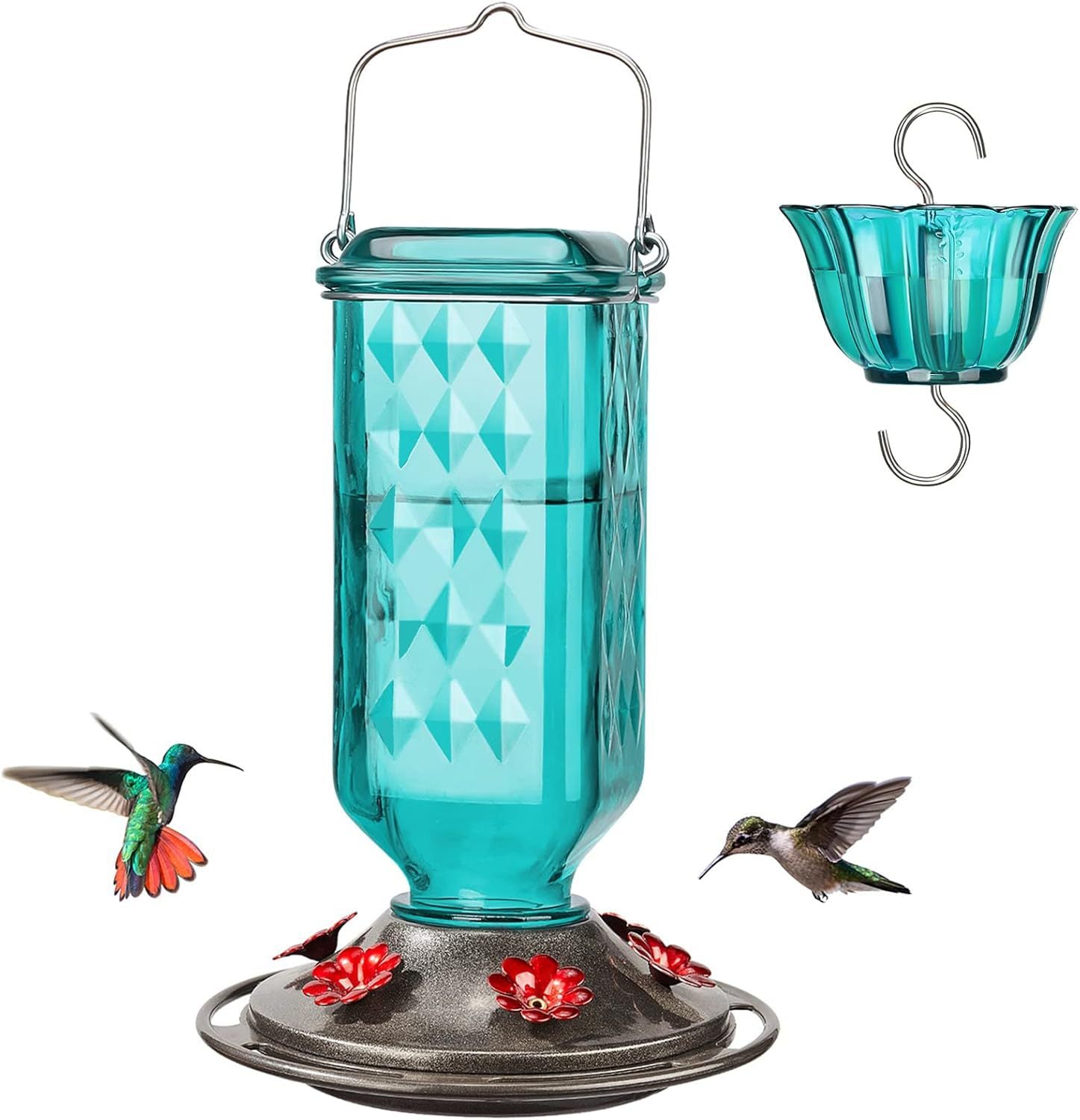Elegant Hanging Hummingbird Feeder - Decorative Glass Nectar Bottle with Ant Moat, 6 Feeding Ports Green
