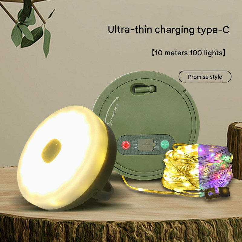 Rechargeable LED Camping Light with 10m Retractable String Light Color lights + warm lights