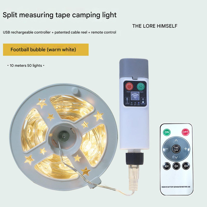 Rugby 10m 50 lights warm white Camping tent light kit - rechargeable power supply, spool light string, remote control
