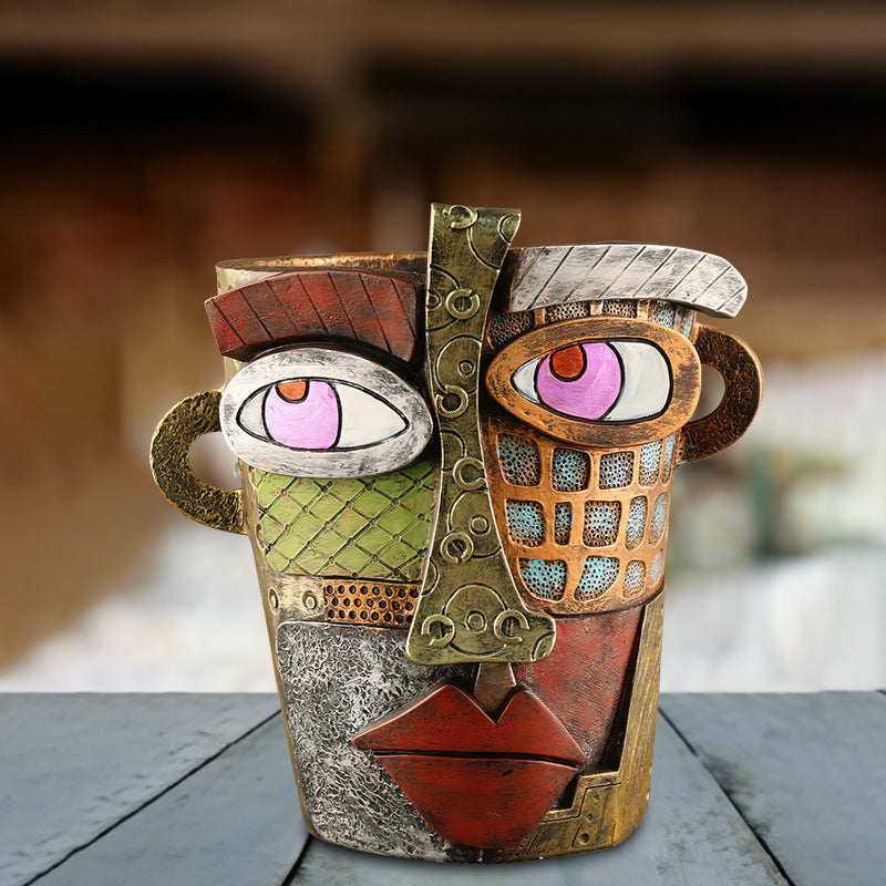 Abstract Face Planter Pot - Artistic Resin Decor for Succulents & Plants Antique Style - 18.5*18*15CM