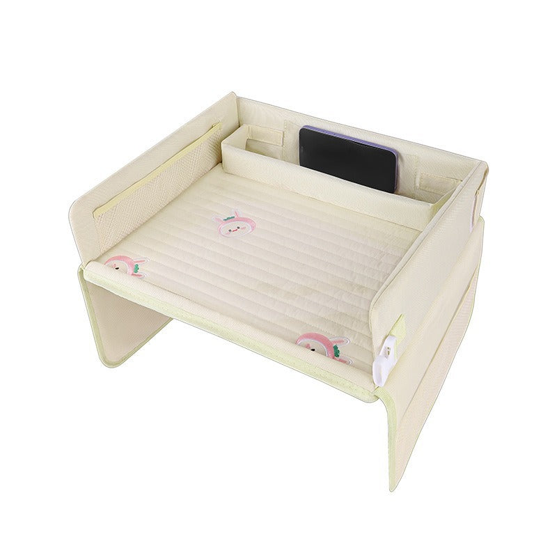 Kids Car Seat Travel Tray - Waterproof Lap Desk with Storage Pockets Beige bunny - Round