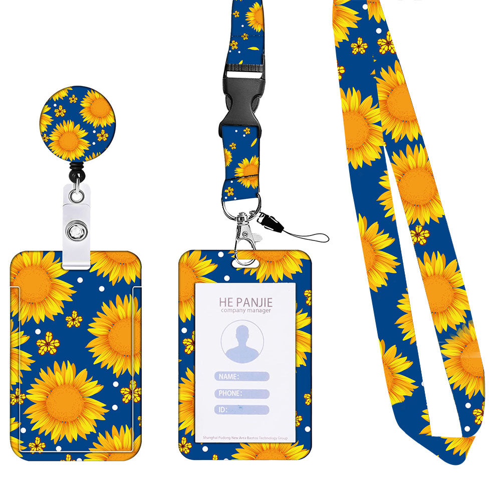 2-pcs Retractable ID Badge Reel Lanyard Set with Vertical Hard Plastic Card Holder - Blue Yellow Floral Style 1