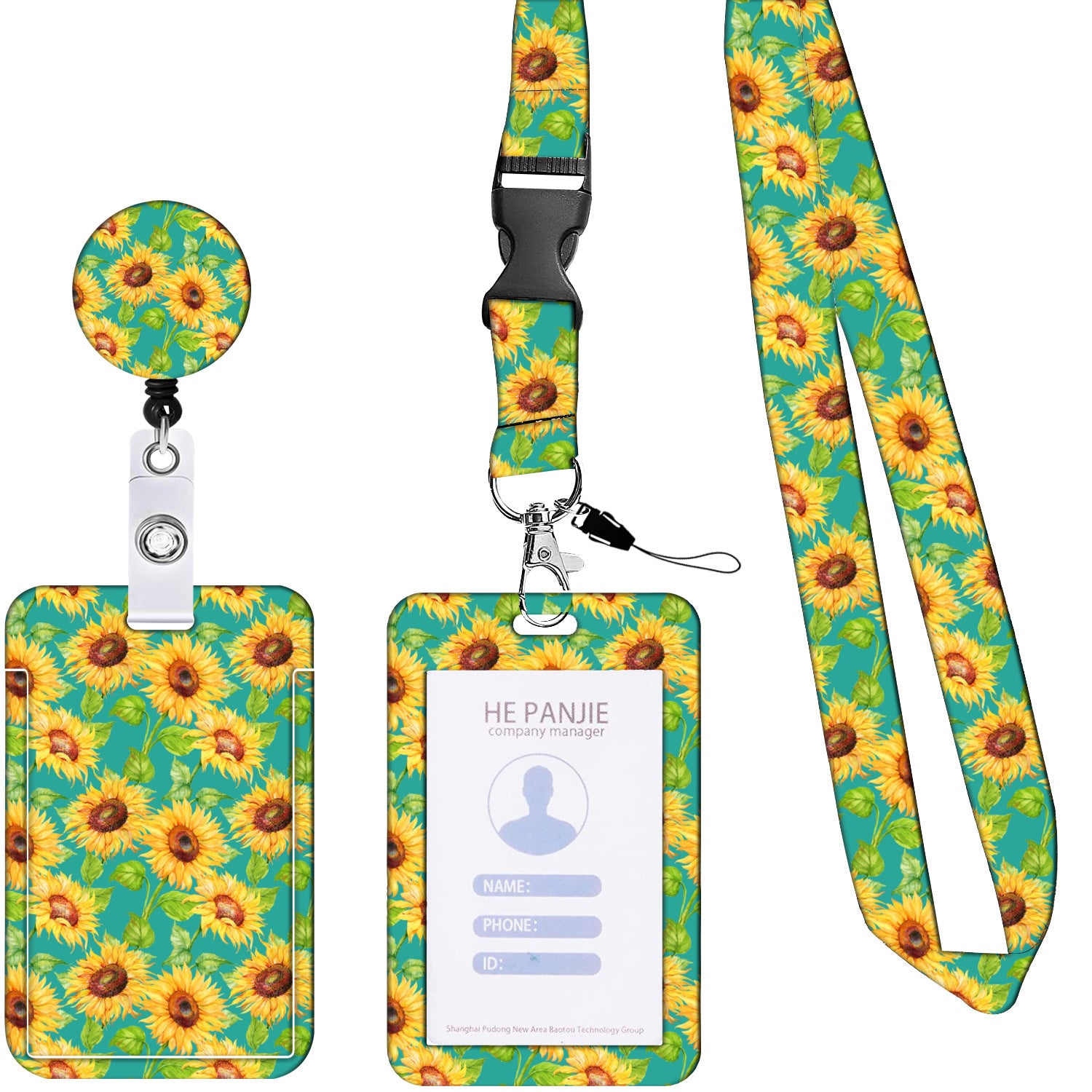 2-pcs Retractable ID Badge Reel Lanyard Set with Vertical Hard Plastic Card Holder - Green sunflowers Style 2