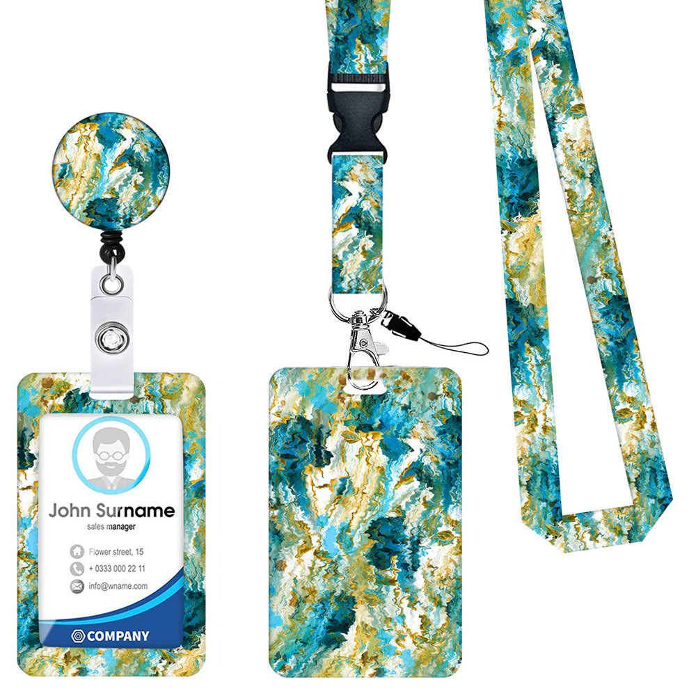 2-pcs Retractable ID Badge Reel Lanyard Set with Vertical Hard Plastic Card Holder - Blue rock patterns Style 3
