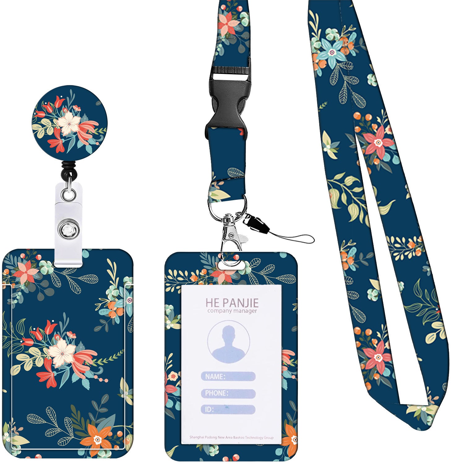 2-pcs Retractable ID Badge Reel Lanyard Set with Vertical Hard Plastic Card Holder - Blue flowers and plants Style 4