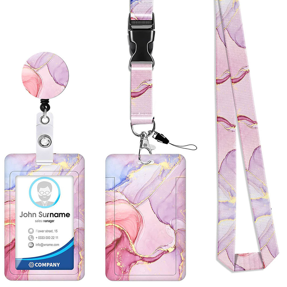 2-pcs Retractable ID Badge Reel Lanyard Set with Vertical Hard Plastic Card Holder - Pink marble patterns Style 6