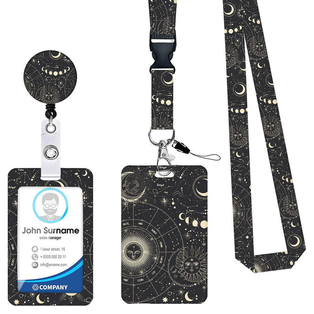 2-pcs Retractable ID Badge Reel Lanyard Set with Vertical Hard Plastic Card Holder - Black starry sky Style 7