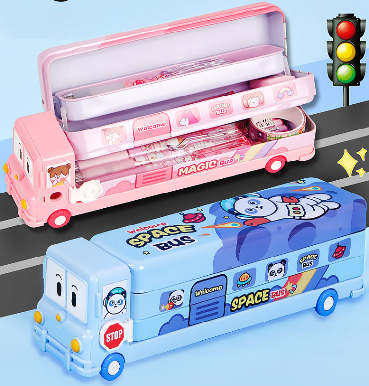 2-pcs One pink and one blue Fun School Bus Pencil Box with Built-in Sharpener - 3 Layer Large Capacity Stationery Box for Kids