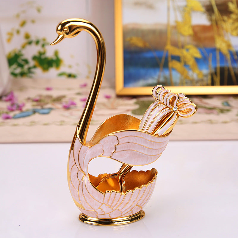 Elegant Swan Base Spoon Holder Set with 6 Coffee/Dessert Spoons Gold and white spoon