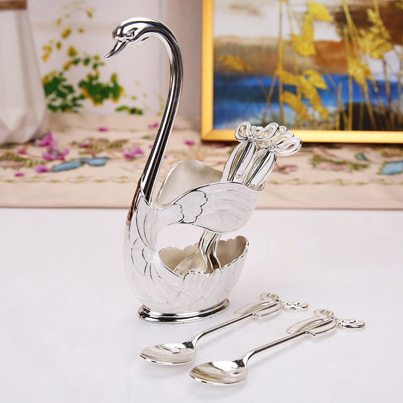 Elegant Swan Base Spoon Holder Set with 6 Coffee/Dessert Spoons Silver spoon