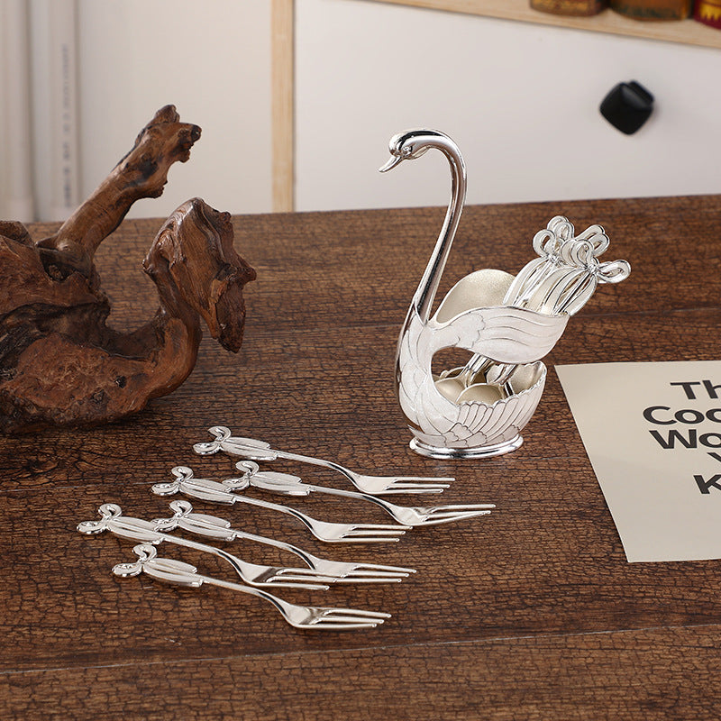Elegant Swan Base Spoon Holder Set with 6 Coffee/Dessert Spoons Silver fork