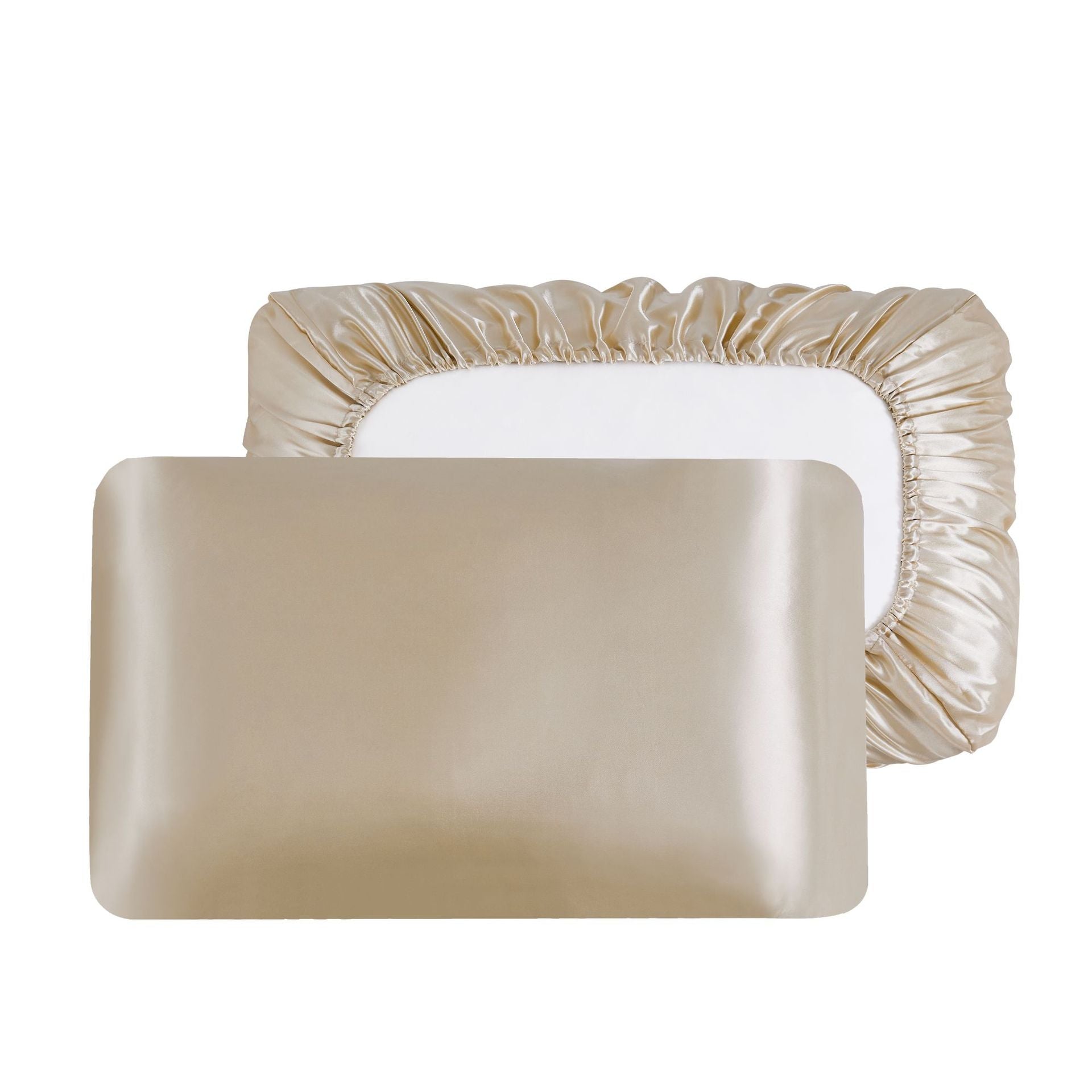 Champagne Silky Satin Pillowcase Pair - Smooth for Hair & Skin, Elastic Fitted 46x70+16cm