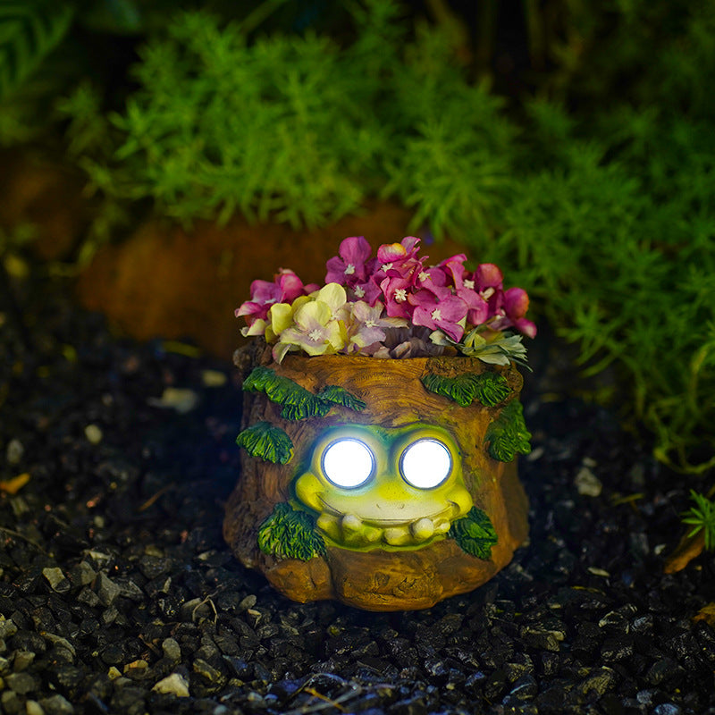 Frog Solar Light Planter - Resin Succulent Pot with Glowing Eyes Stump frog