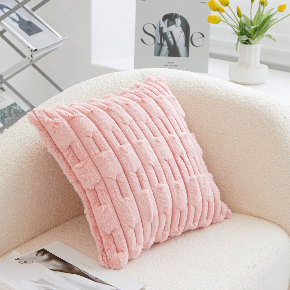 A pair of pink Plush Faux Rabbit Fur Throw Pillow Cover - Textured Wheat Ear Design 45x45cm