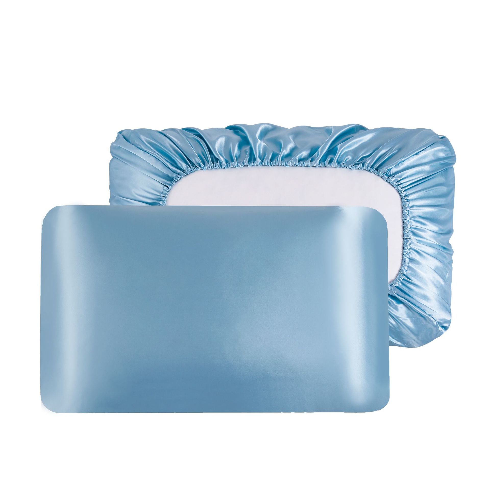Sky Blue Silky Satin Pillowcase Pair - Smooth for Hair & Skin, Elastic Fitted 46x90+16cm