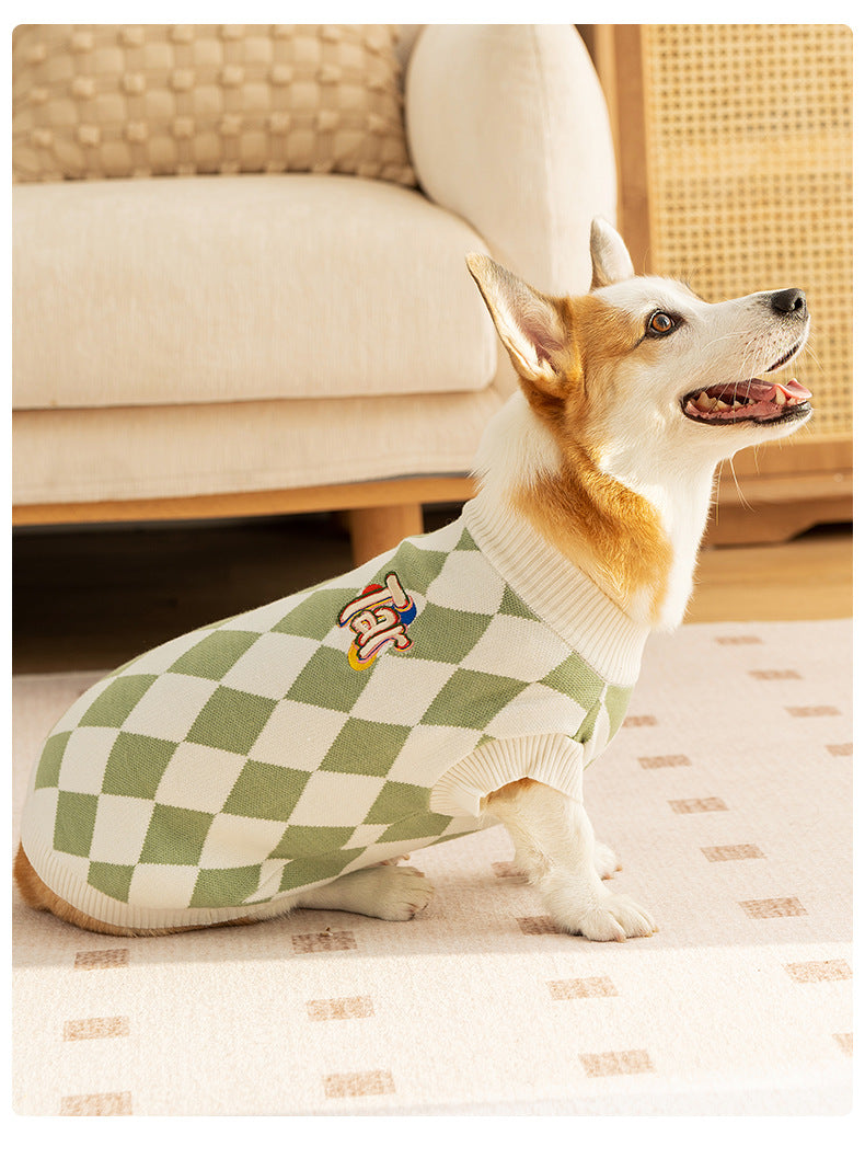 Classic Argyle Dog Sweater - Green & White Knit for Corgis & Medium Breeds Size : M