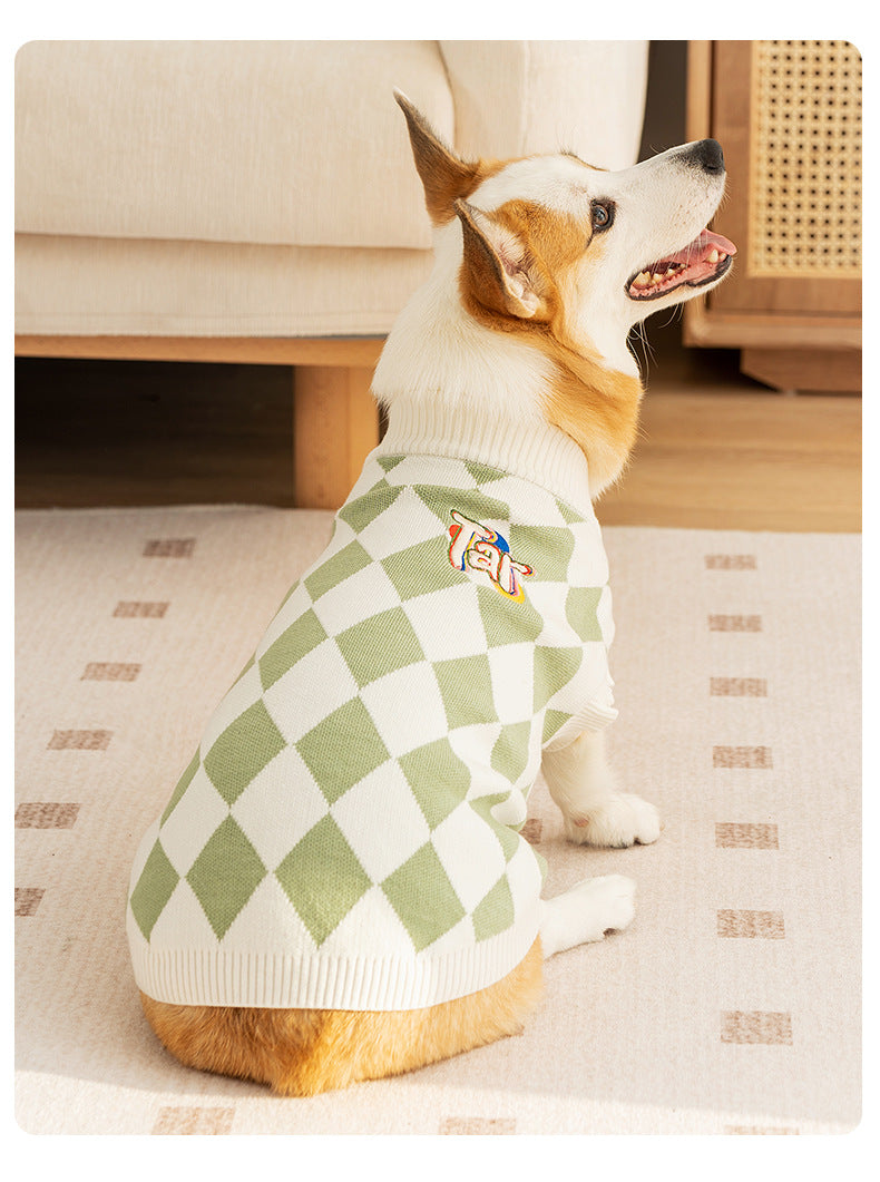 Classic Argyle Dog Sweater - Green & White Knit for Corgis & Medium Breeds Size : XXl