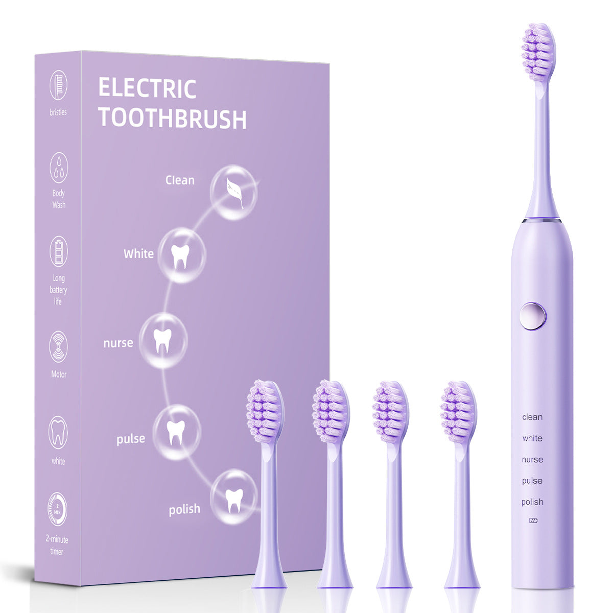 Advanced Sonic Toothbrush: 5 Cleaning Modes, 2-Min Timer, USB Fast Charge, Purple 4 brush heads