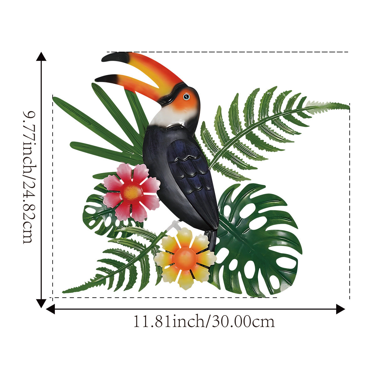 2 Pcs Black and Green Tropical Toucan Metal Wall Art - Colorful Bird & Leaves Indoor/Outdoor Decor