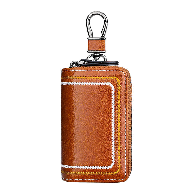 Brown Premium Genuine Leather Double Zipper Key Case - Car & House Key Organizer Pouch