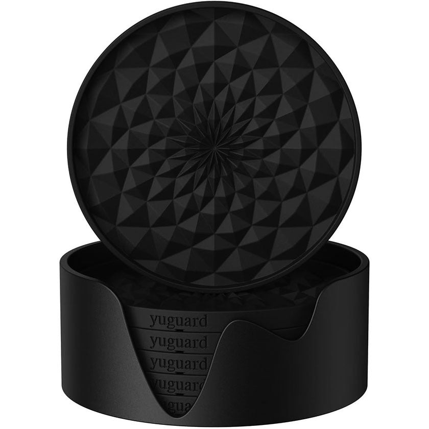 Black Geometric Silicone Drink Coasters Set 6 Pack with Holder - Non-Slip Table Protectors