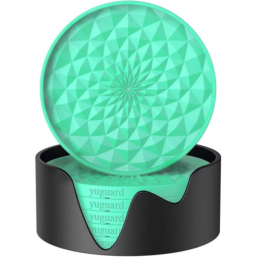 Green and Black Geometric Silicone Drink Coasters Set 6 Pack with Holder - Non-Slip Table Protectors