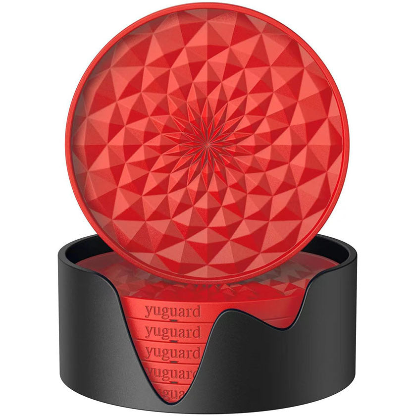 Red and Black Geometric Silicone Drink Coasters Set 6 Pack with Holder - Non-Slip Table Protectors
