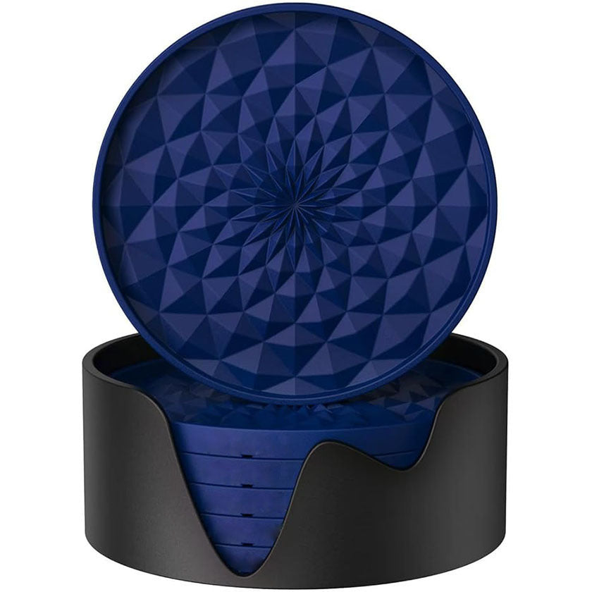 Dark Blue and Black Geometric Silicone Drink Coasters Set 6 Pack with Holder - Non-Slip Table Protectors