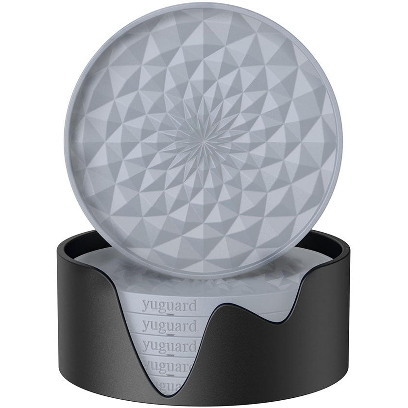 Grey and Black Geometric Silicone Drink Coasters Set 6 Pack with Holder - Non-Slip Table Protectors