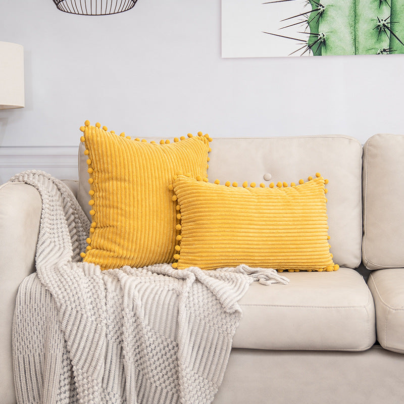 Yellow Soft Corduroy Cushion Cover Set 1 Square + 1 Rectangular with Pom Pom Trim - Decorative Throw Pillow Cases for Sofa Couch