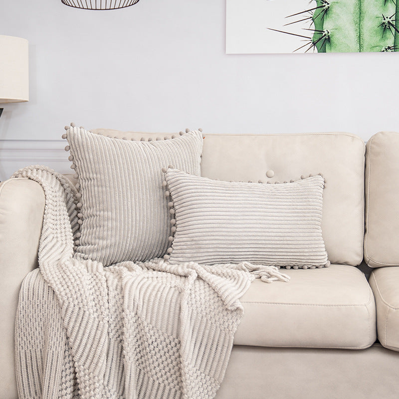 Light Grey Soft Corduroy Cushion Cover Set 1 Square + 1 Rectangular with Pom Pom Trim - Decorative Throw Pillow Cases for Sofa Couch