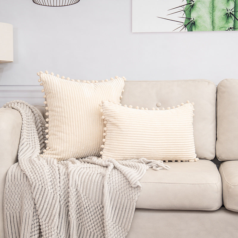Beige Soft Corduroy Cushion Cover Set 1 Square + 1 Rectangular with Pom Pom Trim - Decorative Throw Pillow Cases for Sofa Couch