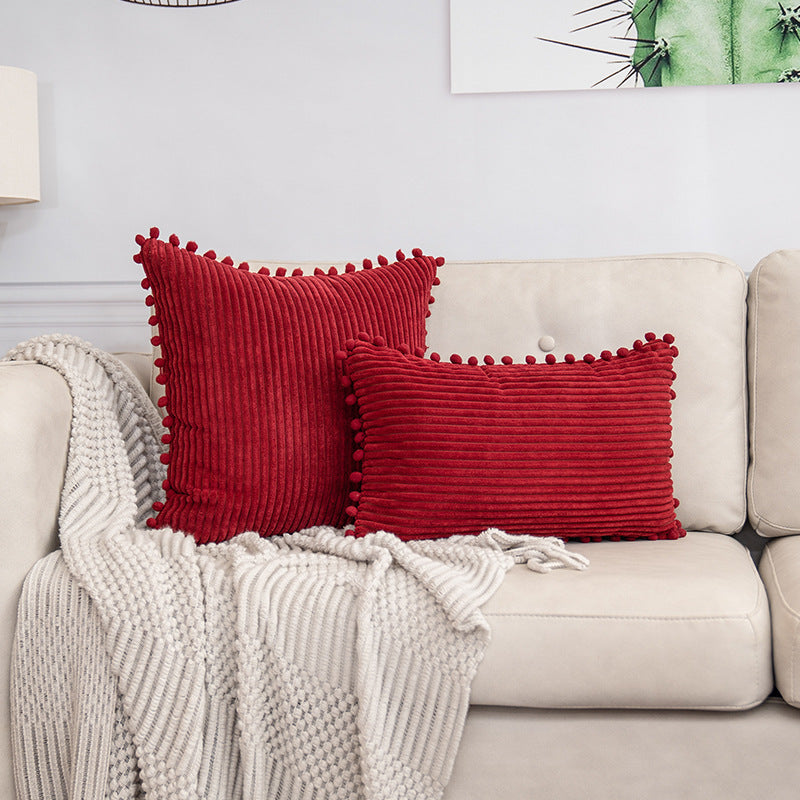 Red Soft Corduroy Cushion Cover Set 1 Square + 1 Rectangular with Pom Pom Trim - Decorative Throw Pillow Cases for Sofa Couch