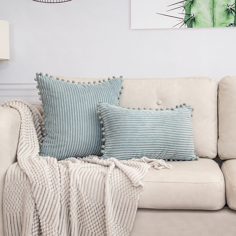 Blue Soft Corduroy Cushion Cover Set 1 Square + 1 Rectangular with Pom Pom Trim - Decorative Throw Pillow Cases for Sofa Couch