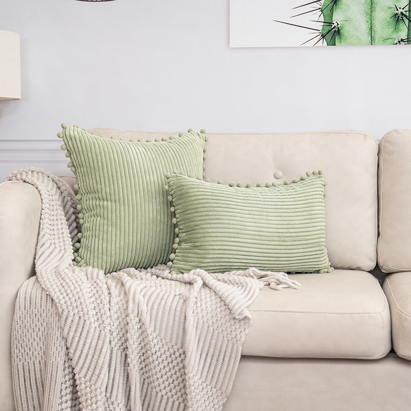 Light Green Soft Corduroy Cushion Cover Set 1 Square + 1 Rectangular with Pom Pom Trim - Decorative Throw Pillow Cases for Sofa Couch