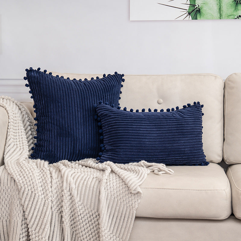 Navy Blue Soft Corduroy Cushion Cover Set 1 Square + 1 Rectangular with Pom Pom Trim - Decorative Throw Pillow Cases for Sofa Couch