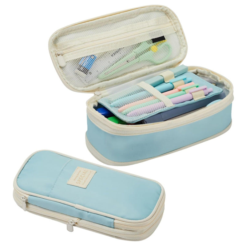 Light Blue Large Capacity Expandable Pencil Case - Multi-Compartment Student Stationery Pouch Only with pencil case