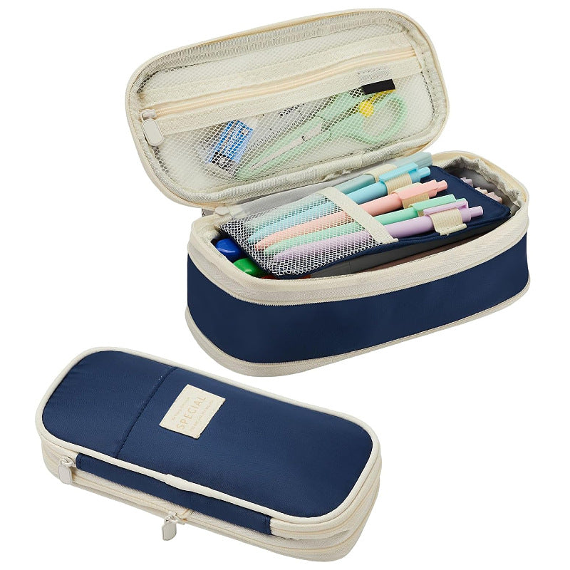 Dark Blue Large Capacity Expandable Pencil Case - Multi-Compartment Student Stationery Pouch Only with pencil case