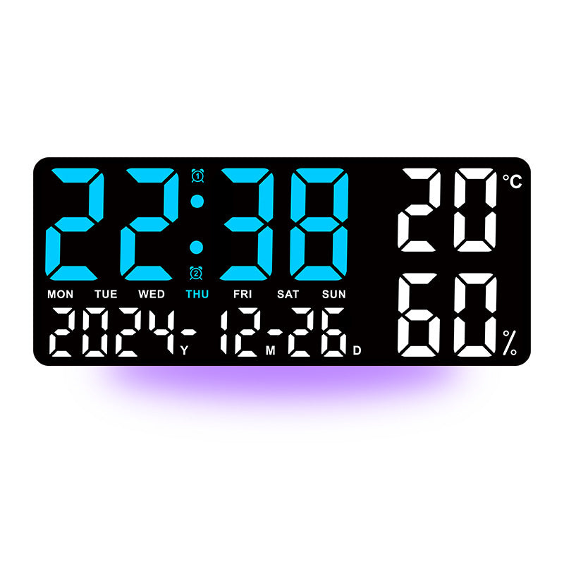 Black Background With Blue and White Light Sleek Large LED Digital Wall & Desk Clock - Remote Control, Temperature, Humidity, Dual Alarms, Calendar