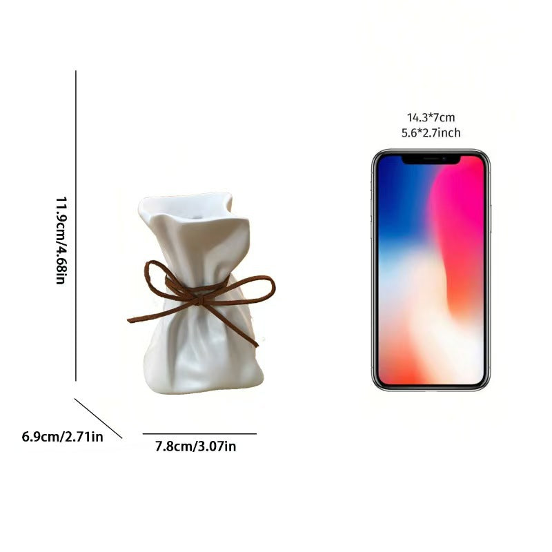 White And Brown Chic Money Bag Inspired Vase - Modern Resin Decorative Flower Holder & Tabletop Accent Use the mobile phone as a reference for size
