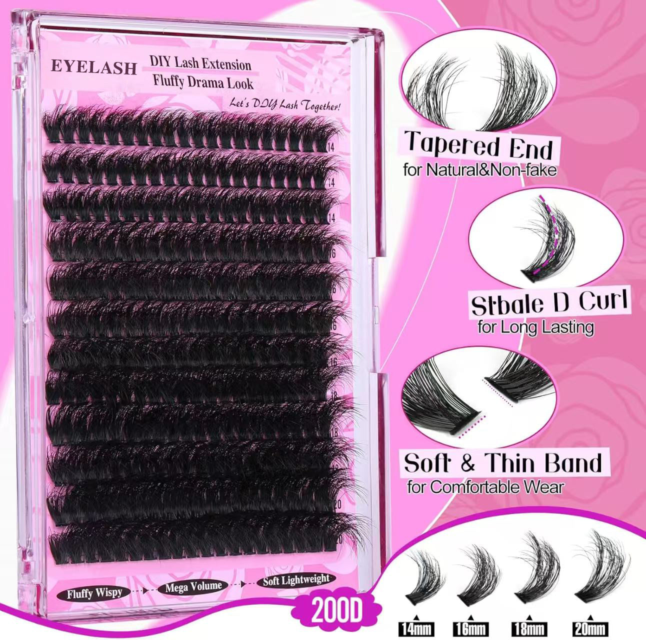 3 Pcs Black Mega Volume 200D DIY Lash Clusters - D Curl Faux Mink, Fluffy Drama Look, Mixed Lengths 14-20mm for Custom Extensions
