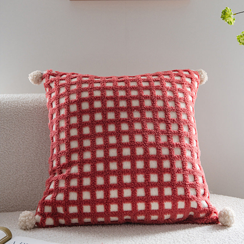 Red and Beige 3D Checkered Cushion Cover with Pom Poms - Soft Decorative Pillow Case for Sofa & Living Room 45x45cm, Cover Only
