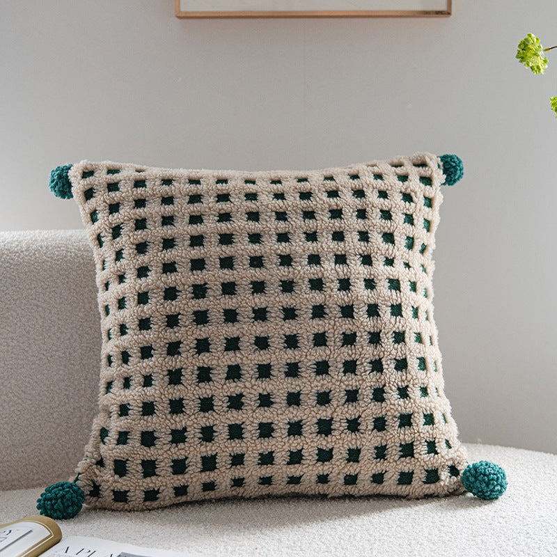 Beige and Green 3D Checkered Cushion Cover with Pom Poms - Soft Decorative Pillow Case for Sofa & Living Room 45x45cm, Cover Only