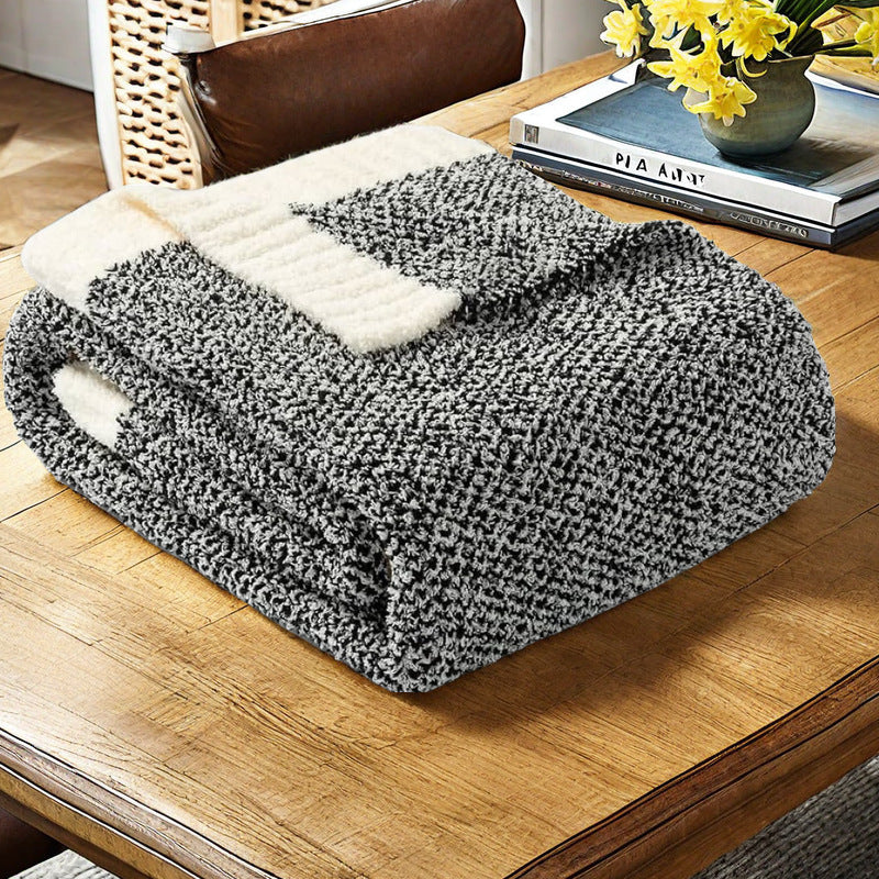Black and White Plush Chenille-Knit Throw Blanket - Soft Cozy Polyester for Bed & Sofa | Textured Two-Tone Design 127x153cm