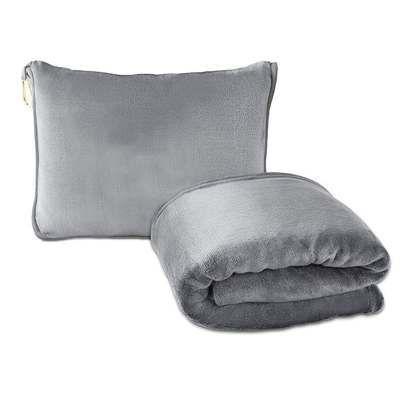 Grey 2-in-1 Plush Travel Blanket & Pillow Set - Soft Flannel with Luggage Strap & Carabiner 50x60in