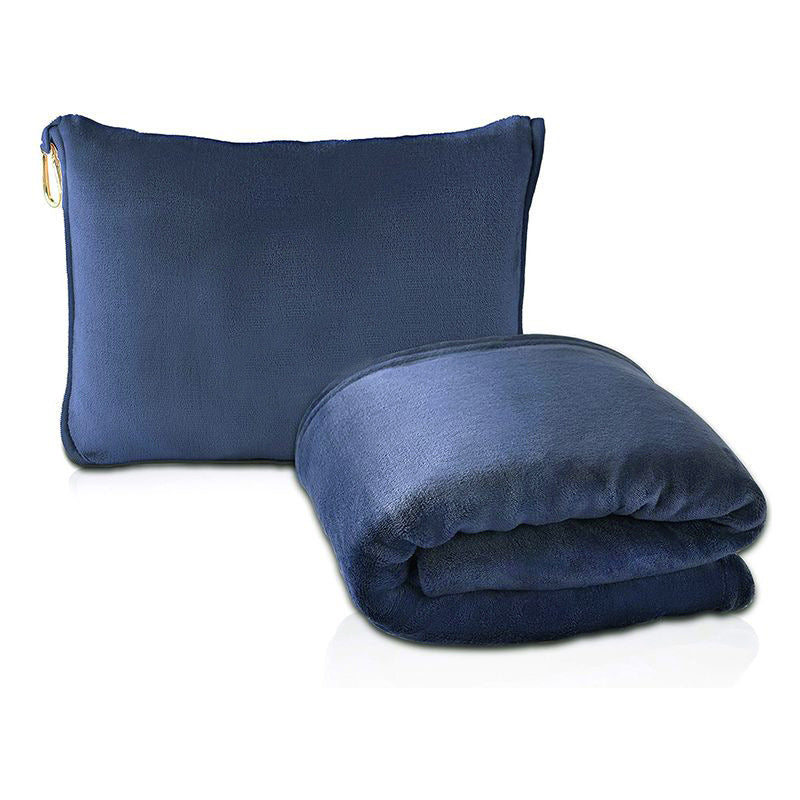 Dark Blue 2-in-1 Plush Travel Blanket & Pillow Set - Soft Flannel with Luggage Strap & Carabiner 50x60in